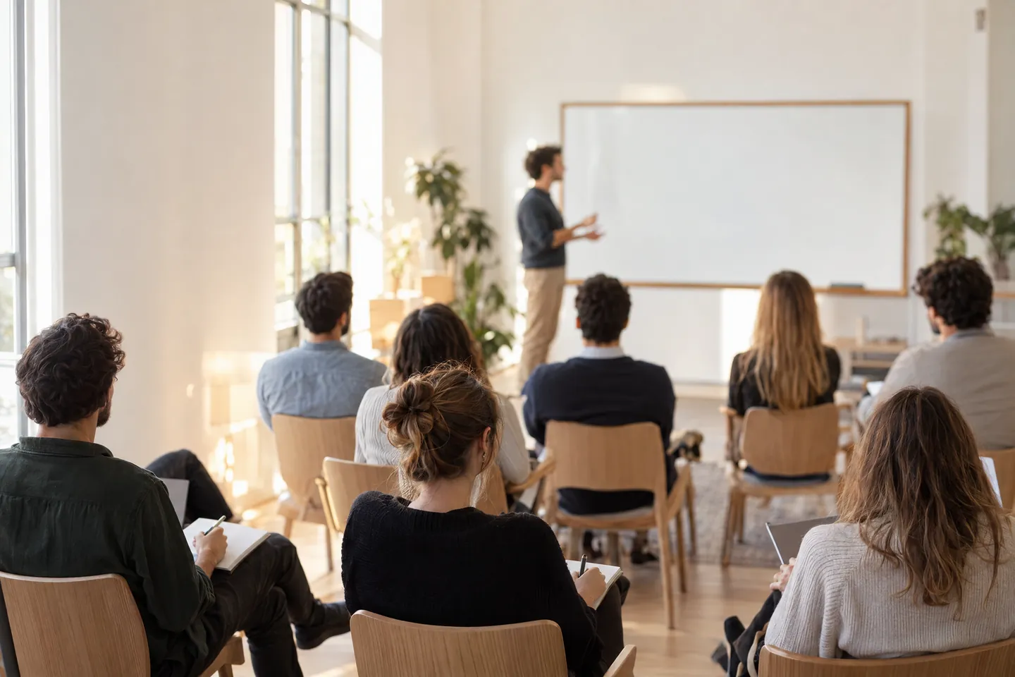Una sesión de formación en una sala luminosa: el grupo toma notas mientras el formador explica junto a la pizarra.
